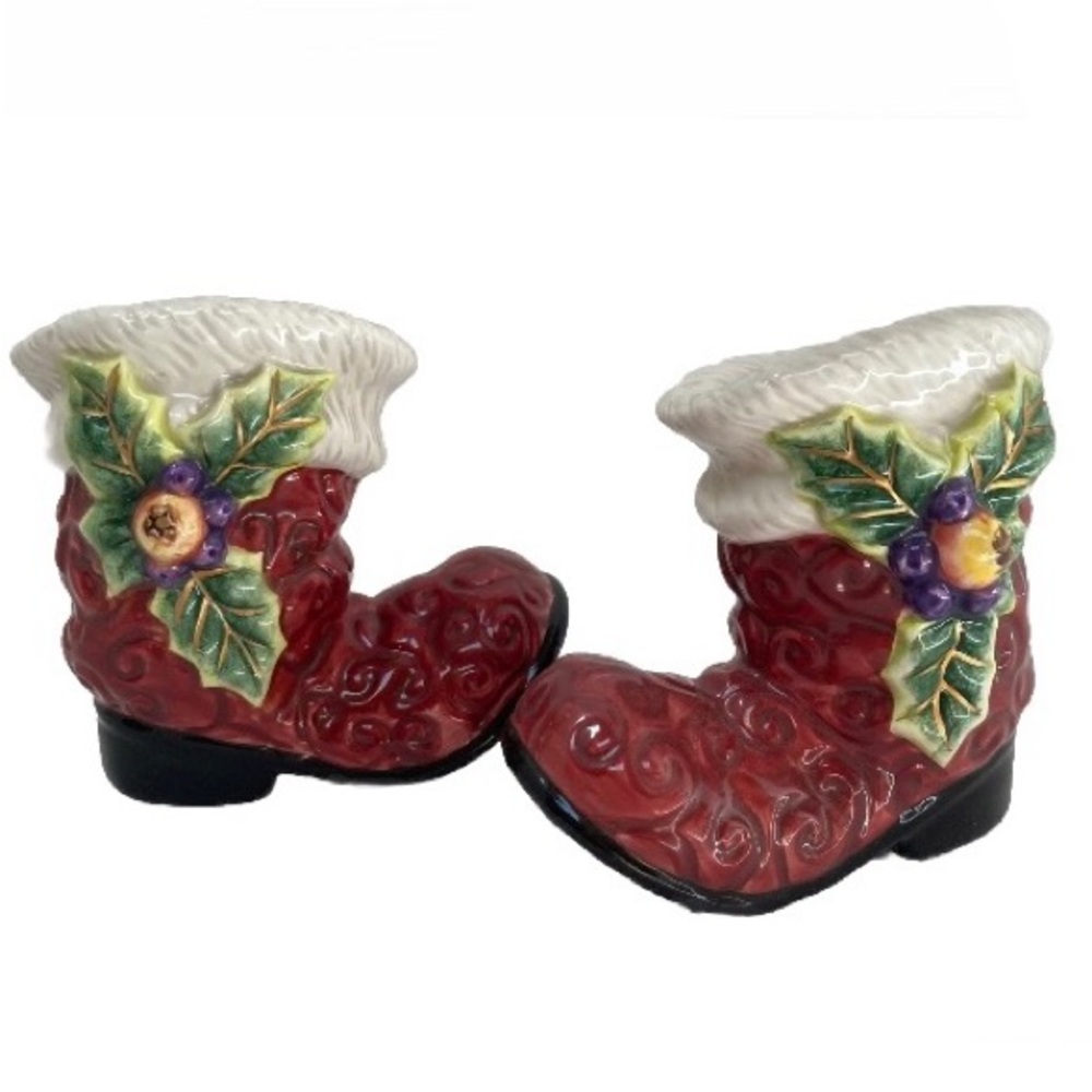 FITZ and FLOYD Santa Clause Red Boots and Holly Salt and Pepper Shakers